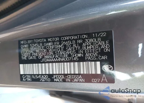 2022 Toyota Mirai Xle from USA, damaged, VIN JTDAAAAA4NA007145